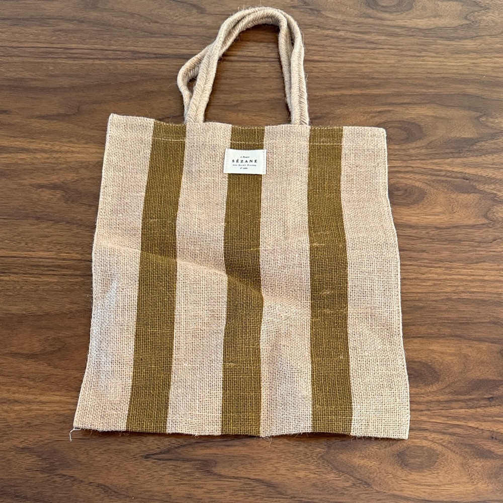 Sezane Beige and Olive Striped Jute Tote